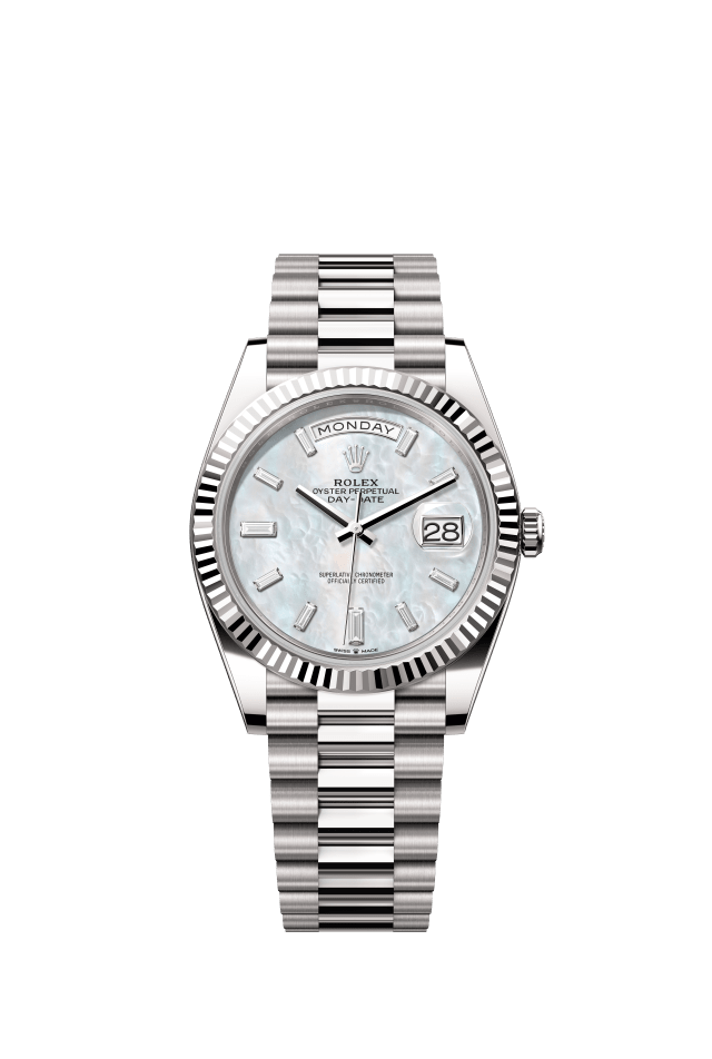 Rolex Day-Date 40, Oyster, 40 mm, white gold, white mother-of-pearl set with diamonds dial