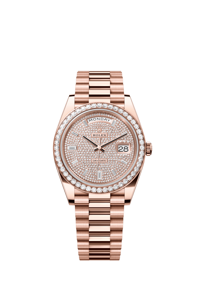 Rolex Day-Date 40, Oyster, 40 mm, Everose gold and diamonds, diamond-paved dial