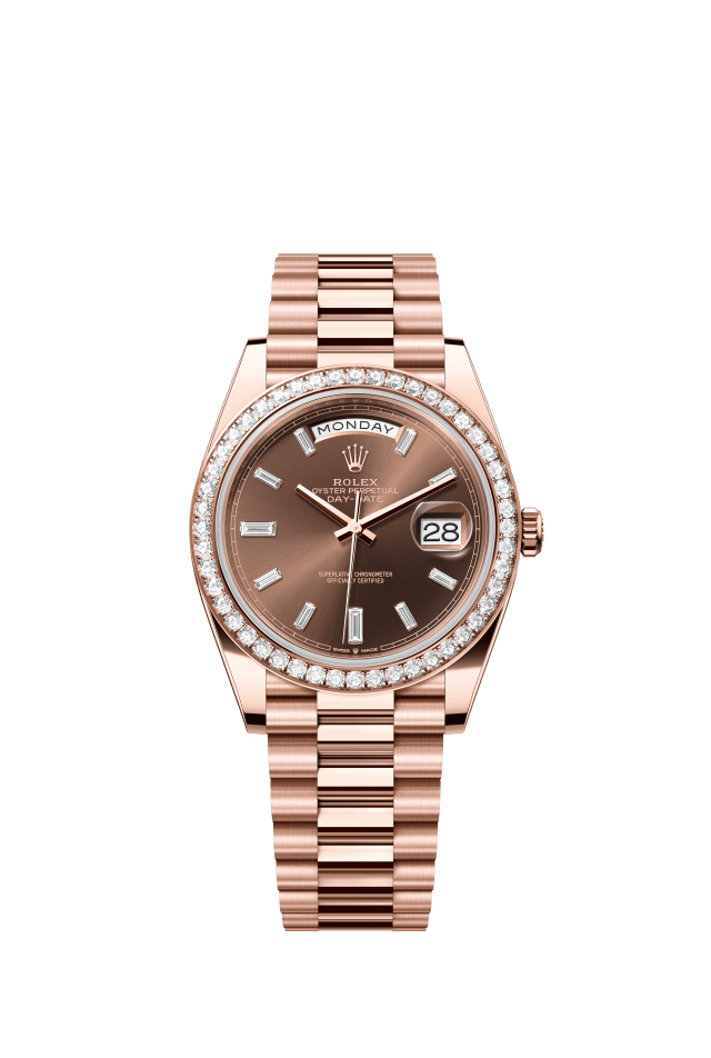 Rolex Day-Date 40, Oyster, 40 mm, Everose gold and diamonds, chocolate set with diamonds dial