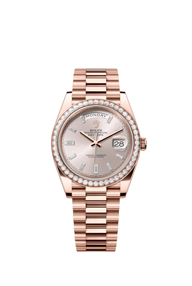 Rolex Day-Date 40, Oyster, 40 mm, Everose gold and diamonds, sundust set with diamonds dial