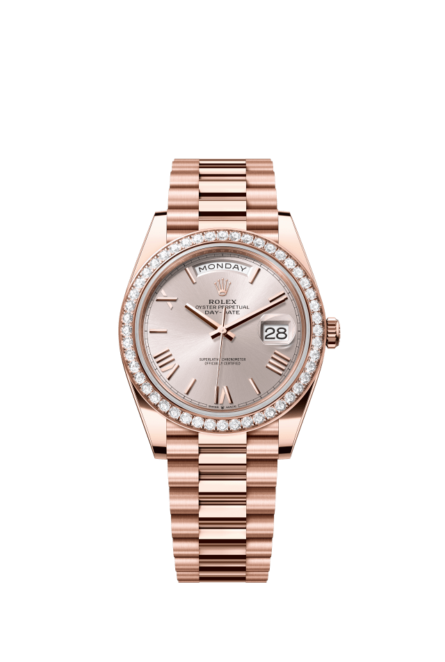 Rolex Day-Date 40, Oyster, 40 mm, Everose gold and diamonds, sundust dial
