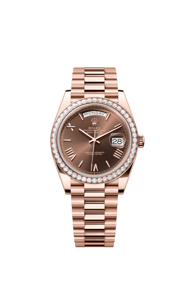 Rolex Day-Date 40, Oyster, 40 mm, Everose gold and diamonds, chocolate dial