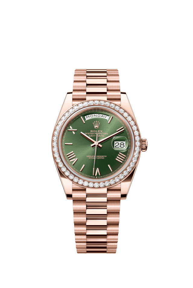 Rolex Day-Date 40, Oyster, 40 mm, Everose gold and diamonds, olive green dial