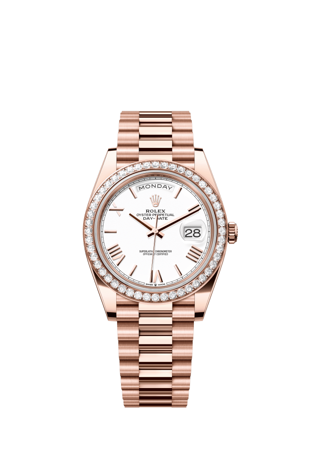 Rolex Day-Date 40, Oyster, 40 mm, Everose gold and diamonds, white dial
