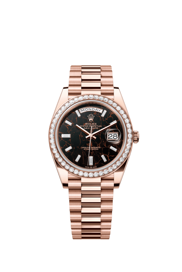 Rolex Day-Date 40, Oyster, 40 mm, Everose gold and diamonds, eisenkiesel set with diamonds dial
