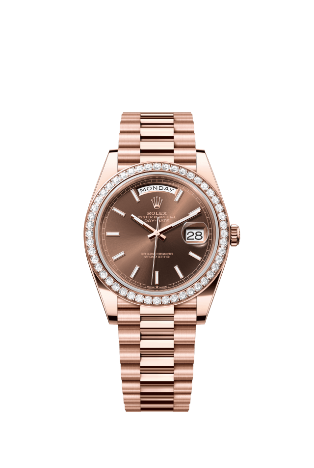 Rolex Day-Date 40, Oyster, 40 mm, Everose gold and diamonds, chocolate dial