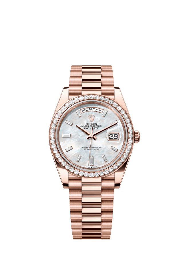 Rolex Day-Date 40, Oyster, 40 mm, Everose gold and diamonds, white mother-of-pearl set with diamonds dial