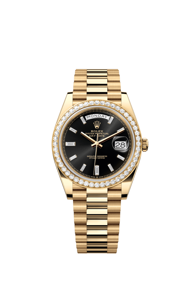 Rolex Day-Date 40, Oyster, 40 mm, yellow gold and diamonds, bright black set with diamonds dial