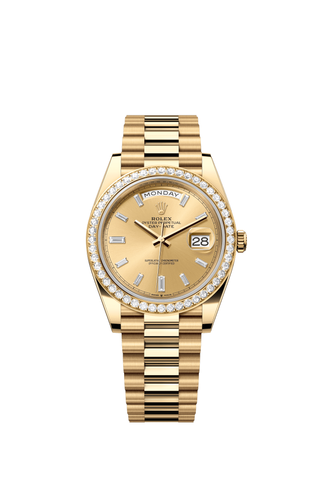 Rolex Day-Date 40, Oyster, 40 mm, yellow gold and diamonds, champagne-colour set with diamonds dial