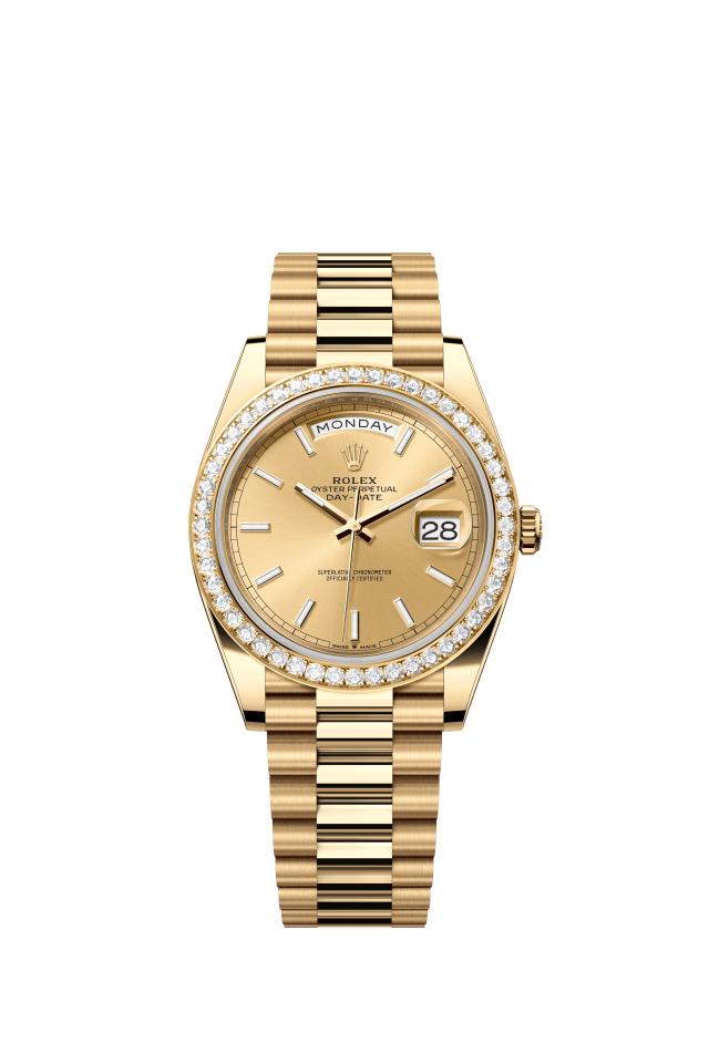 Rolex Day-Date 40, Oyster, 40 mm, yellow gold and diamonds, champagne-colour dial