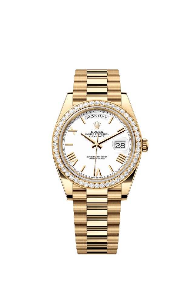 Rolex Day-Date 40, Oyster, 40 mm, yellow gold and diamonds, white dial