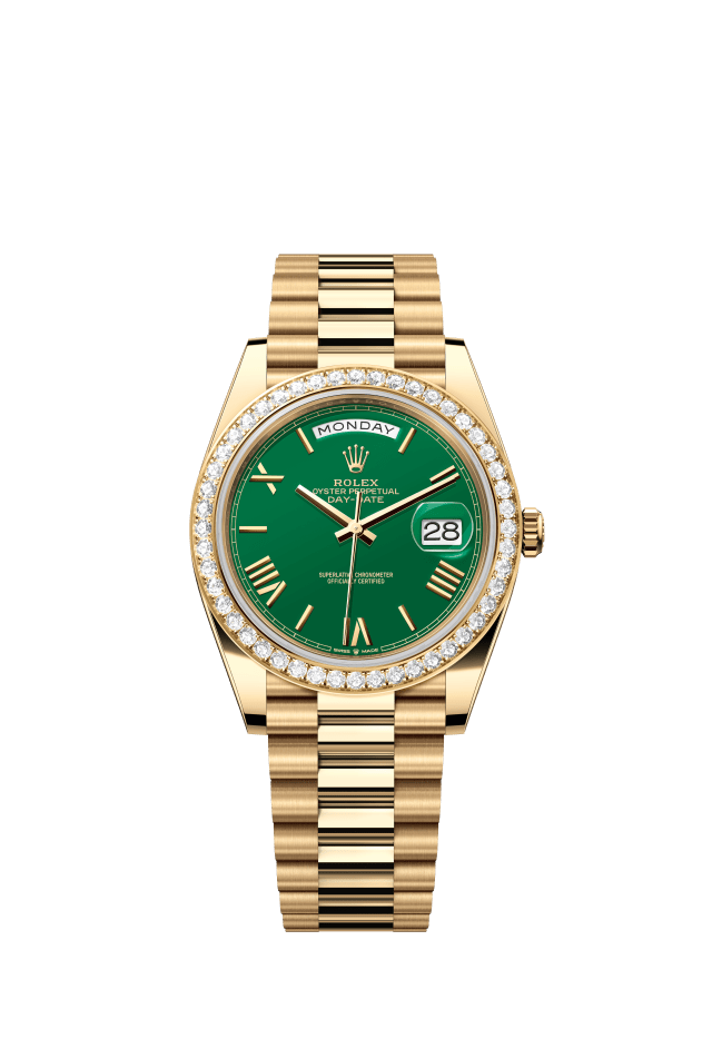 Rolex Day-Date 40, Oyster, 40 mm, yellow gold and diamonds, green dial