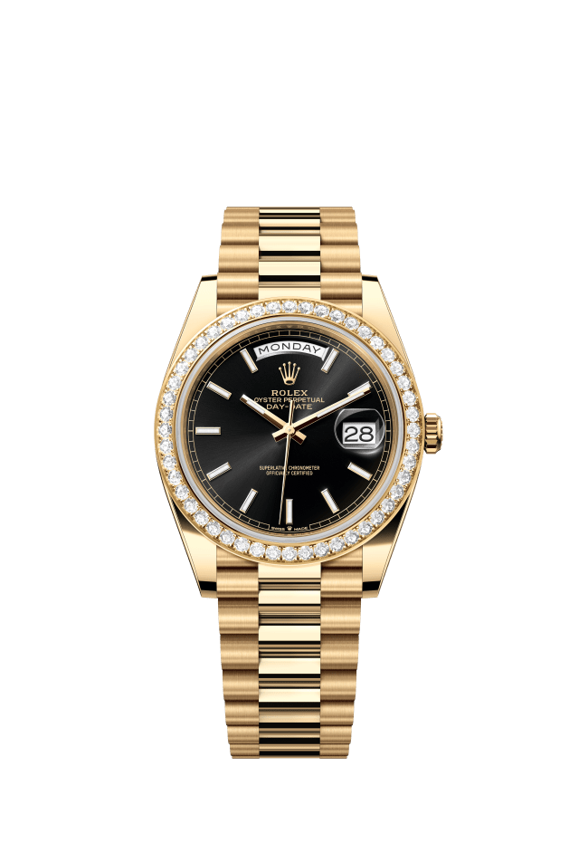 Rolex Day-Date 40, Oyster, 40 mm, yellow gold and diamonds, bright black dial