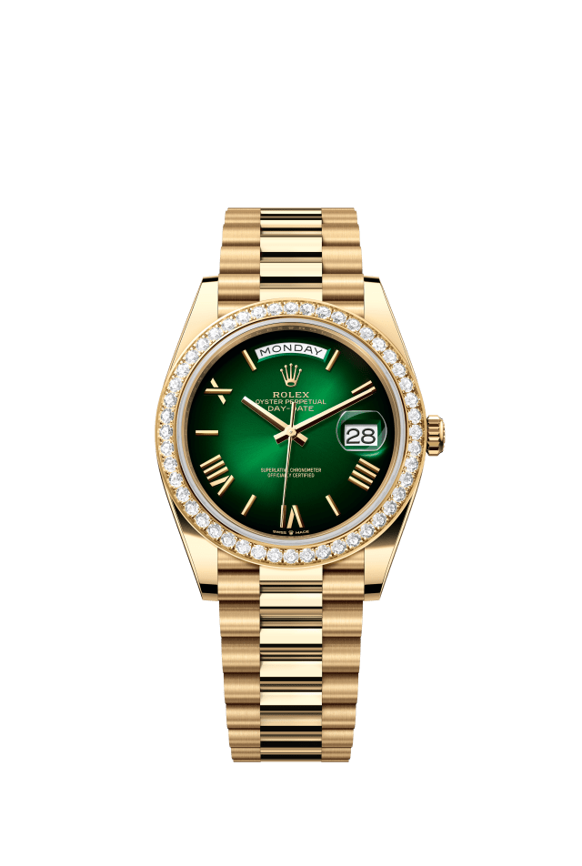 Rolex Day-Date 40, Oyster, 40 mm, yellow gold and diamonds, green ombré dial