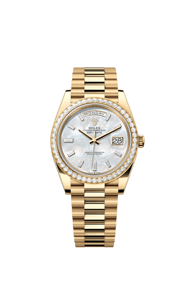 Rolex Day-Date 40, Oyster, 40 mm, yellow gold and diamonds, white mother-of-pearl set with diamonds dial