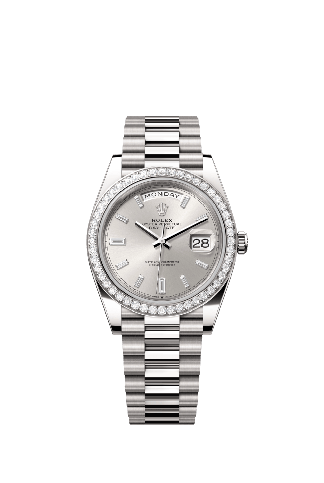 Rolex Day-Date 40, Oyster, 40 mm, white gold and diamonds, silver set with diamonds dial