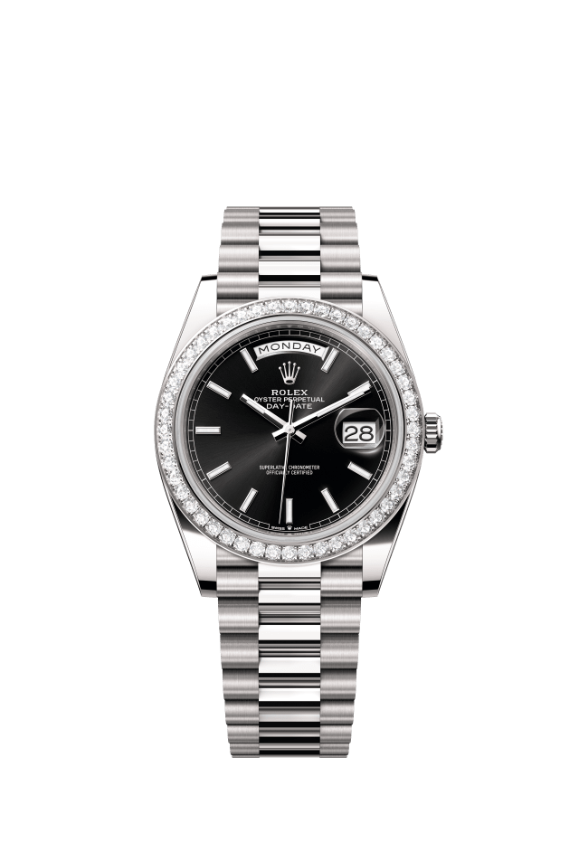 Rolex Day-Date 40, Oyster, 40 mm, white gold and diamonds, bright black dial