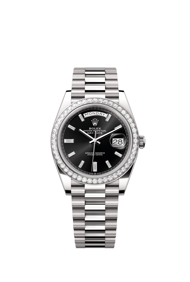 Rolex Day-Date 40, Oyster, 40 mm, white gold and diamonds, bright black set with diamonds dial