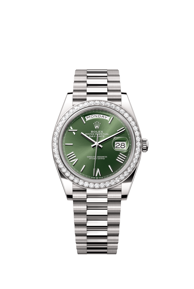Rolex Day-Date 40, Oyster, 40 mm, white gold and diamonds, olive green dial