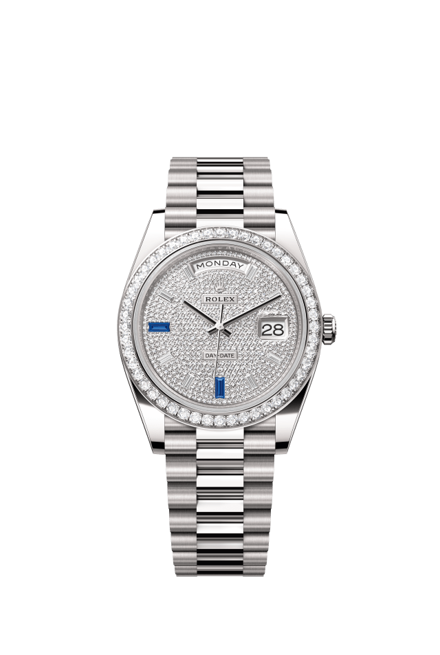 Rolex Day-Date 40, Oyster, 40 mm, white gold and diamonds, paved with diamonds and sapphires dial