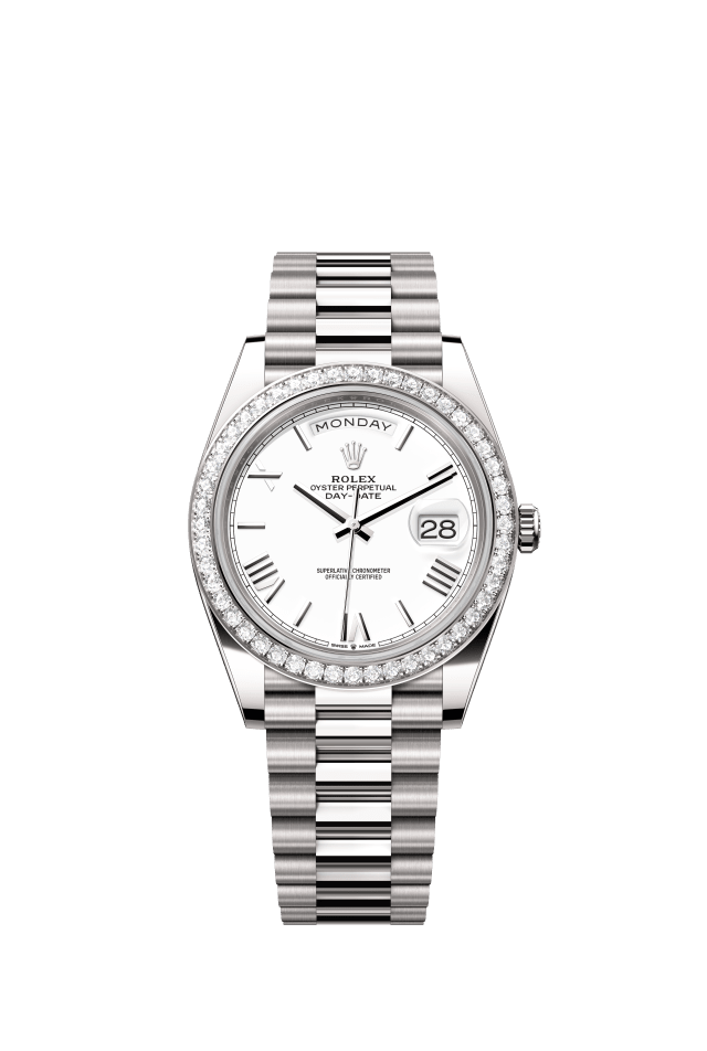 Rolex Day-Date 40, Oyster, 40 mm, white gold and diamonds, white dial