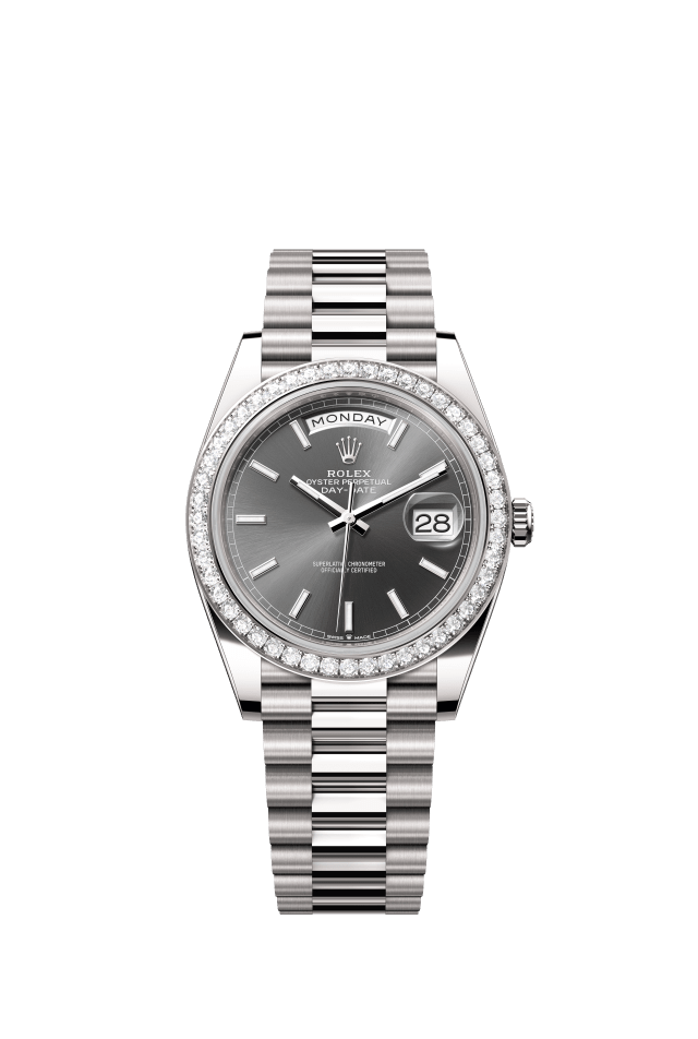Rolex Day-Date 40, Oyster, 40 mm, white gold and diamonds, slate dial