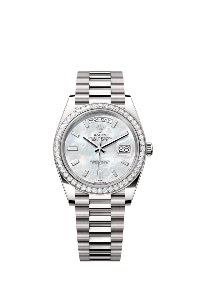 Rolex Day-Date 40, Oyster, 40 mm, white gold and diamonds, white mother-of-pearl set with diamonds dial