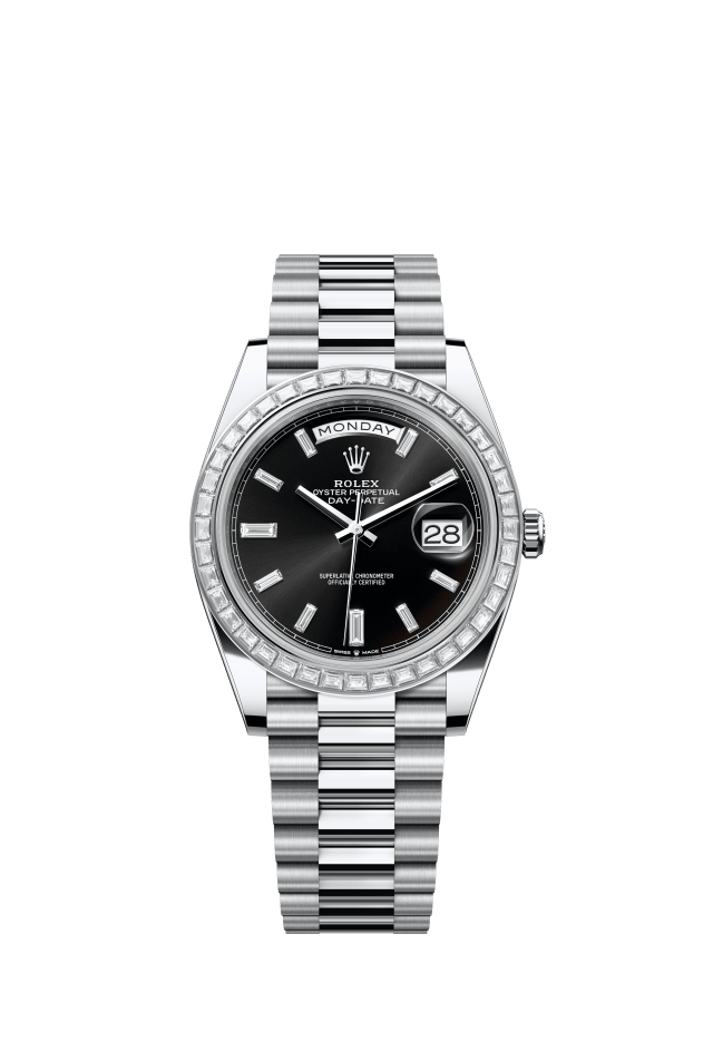 Rolex Day-Date 40, Oyster, 40 mm, platinum and diamonds, bright black set with diamonds dial