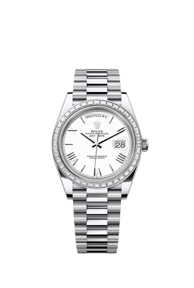 Rolex Day-Date 40, Oyster, 40 mm, platinum and diamonds, white dial