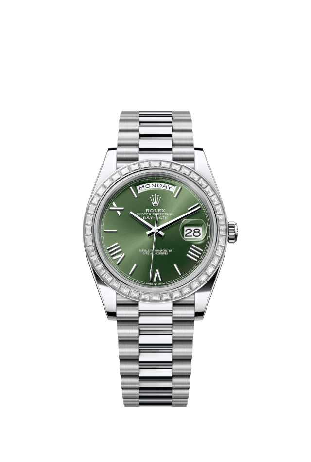 Rolex Day-Date 40, Oyster, 40 mm, platinum and diamonds, olive green dial