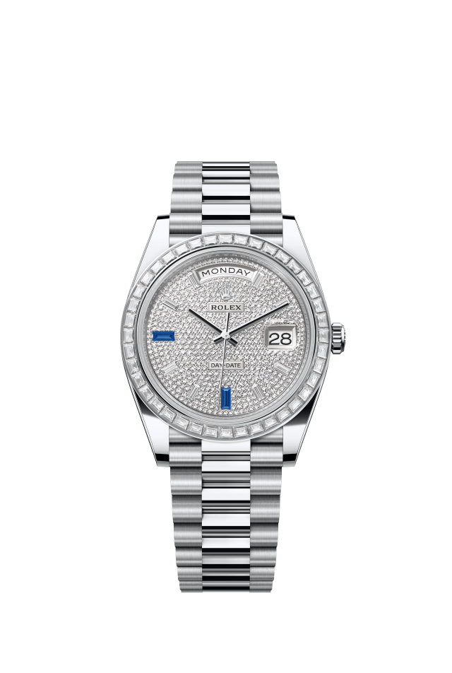 Rolex Day-Date 40, Oyster, 40 mm, platinum and diamonds, paved with diamonds and sapphires dial