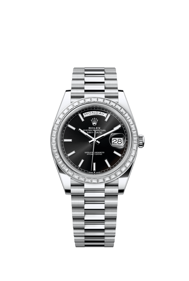 Rolex Day-Date 40, Oyster, 40 mm, platinum and diamonds, bright black dial