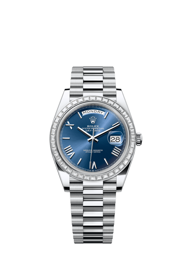 Rolex Day-Date 40, Oyster, 40 mm, platinum and diamonds, bright blue dial