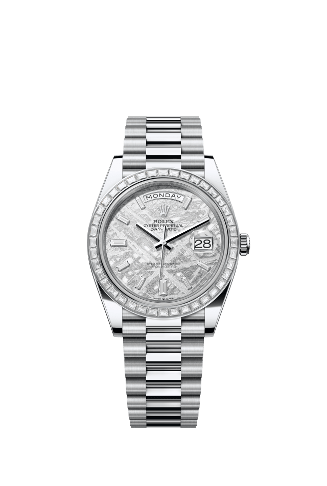 Rolex Day-Date 40, Oyster, 40 mm, platinum and diamonds, meteorite set with diamonds dial