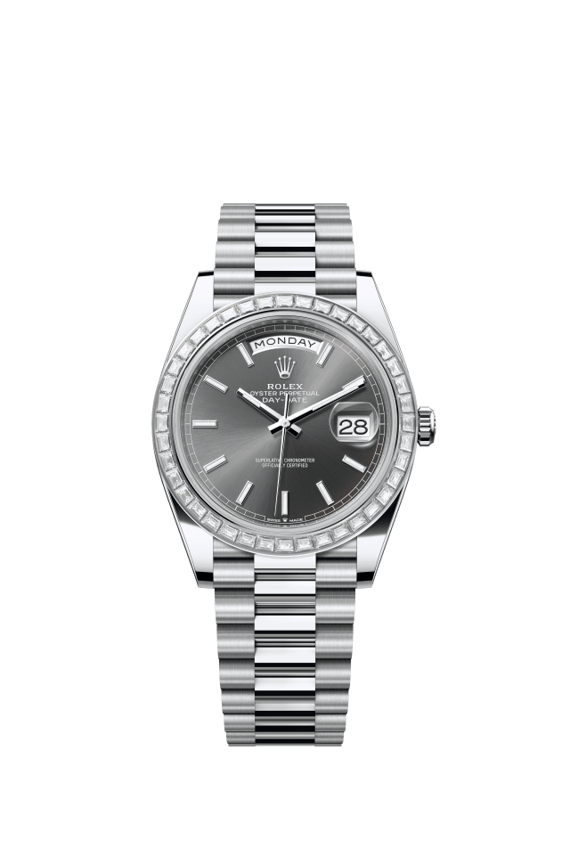 Rolex Day-Date 40, Oyster, 40 mm, platinum and diamonds, slate dial