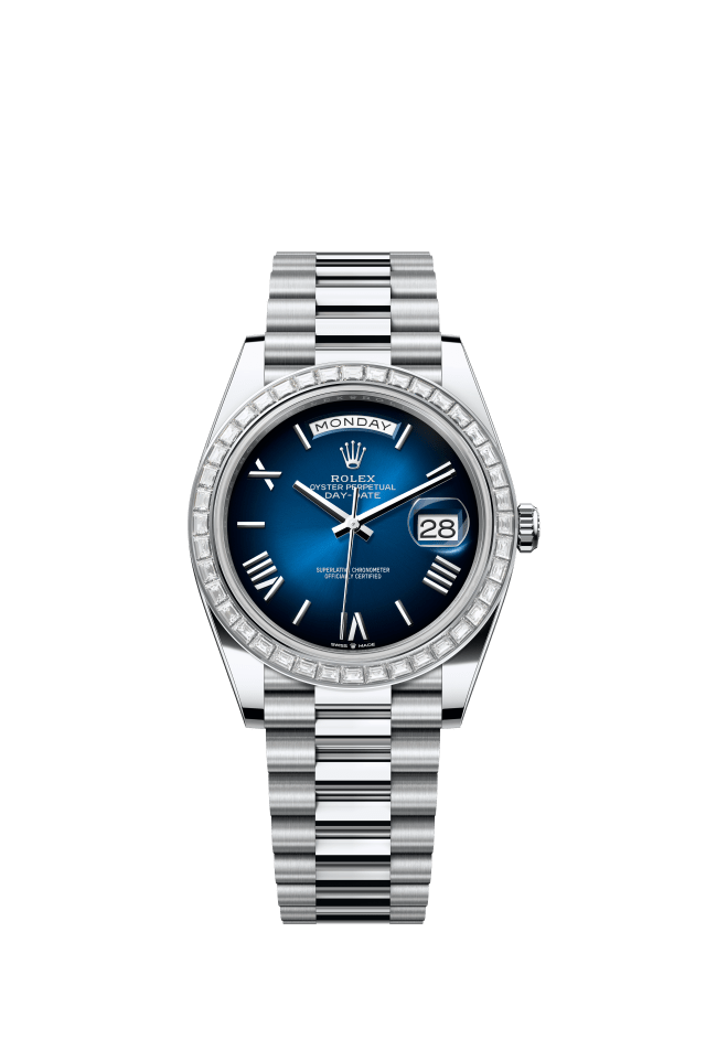 Rolex Day-Date 40, Oyster, 40 mm, platinum and diamonds, blue ombré dial