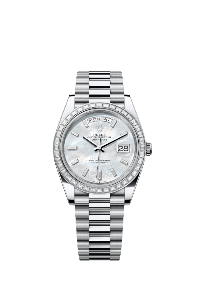 Rolex Day-Date 40, Oyster, 40 mm, platinum and diamonds, white mother-of-pearl set with diamonds dial