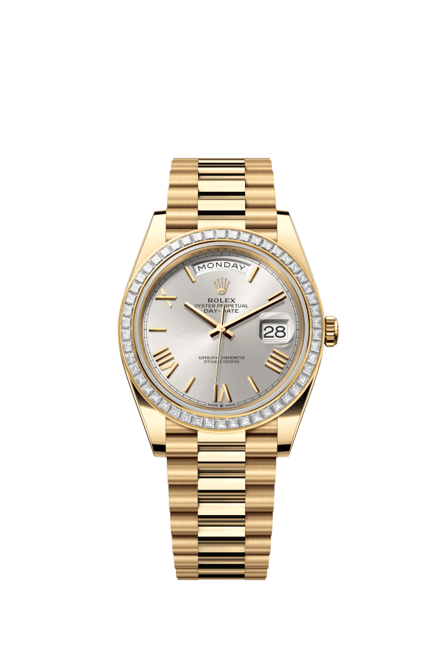 Rolex Day-Date 40, Oyster, 40 mm, yellow gold and diamonds, silver dial