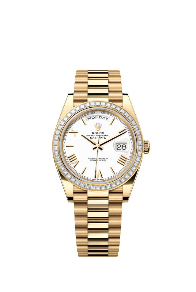 Rolex Day-Date 40, Oyster, 40 mm, yellow gold and diamonds, white dial