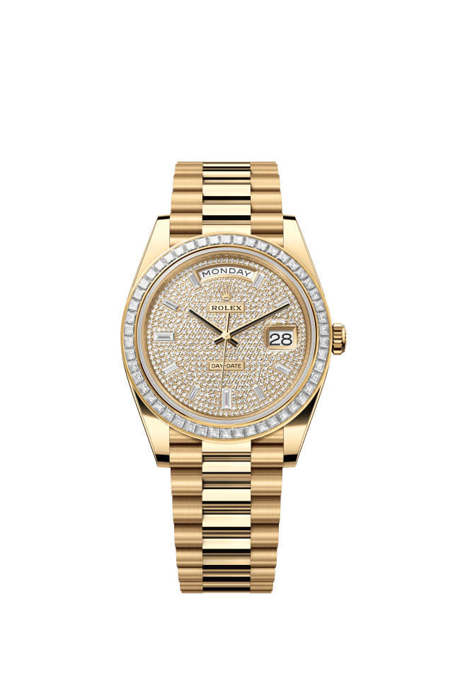 Rolex Day-Date 40, Oyster, 40 mm, yellow gold and diamonds, diamond-paved dial