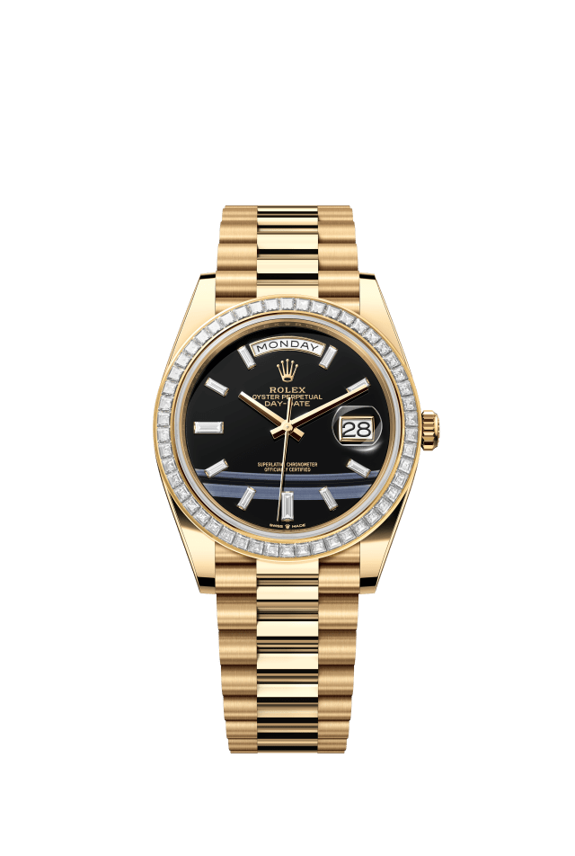 Rolex Day-Date 40, Oyster, 40 mm, yellow gold and diamonds, onyx set with diamonds dial