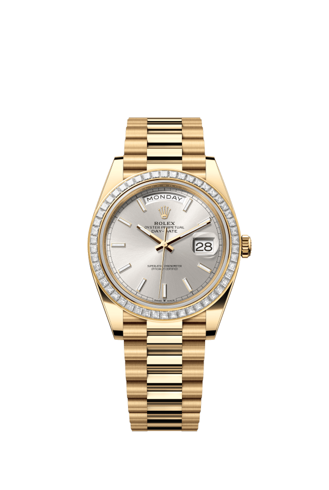 Rolex Day-Date 40, Oyster, 40 mm, yellow gold and diamonds, silver dial