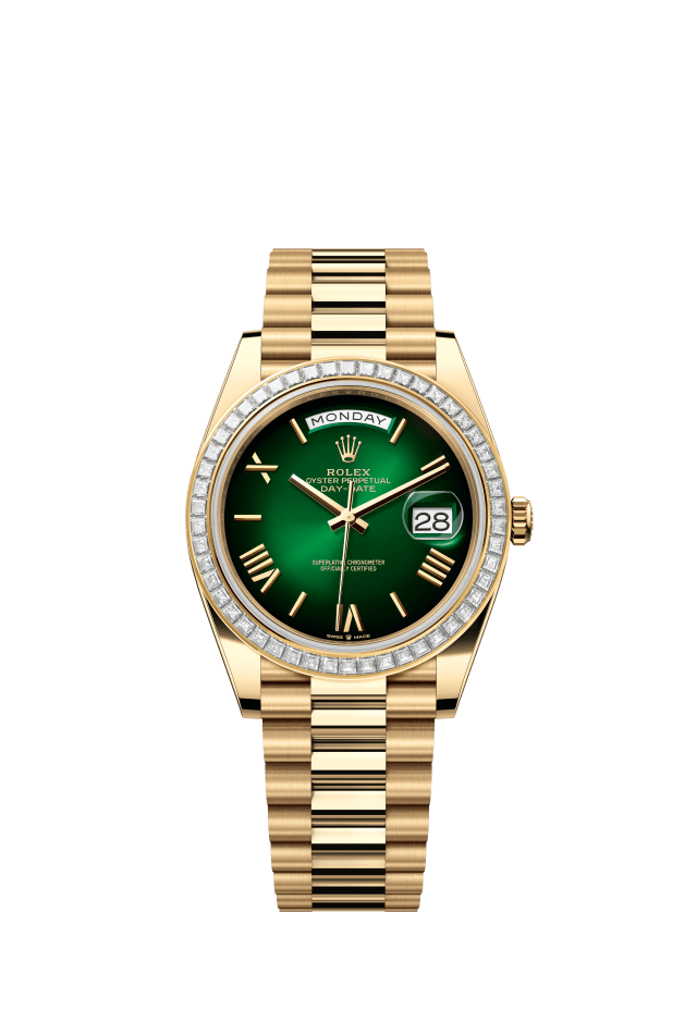 Rolex Day-Date 40, Oyster, 40 mm, yellow gold and diamonds, green ombré dial