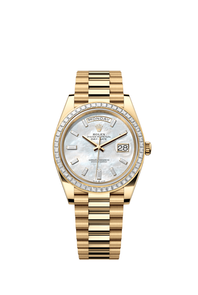 Rolex Day-Date 40, Oyster, 40 mm, yellow gold and diamonds, white mother-of-pearl set with diamonds dial