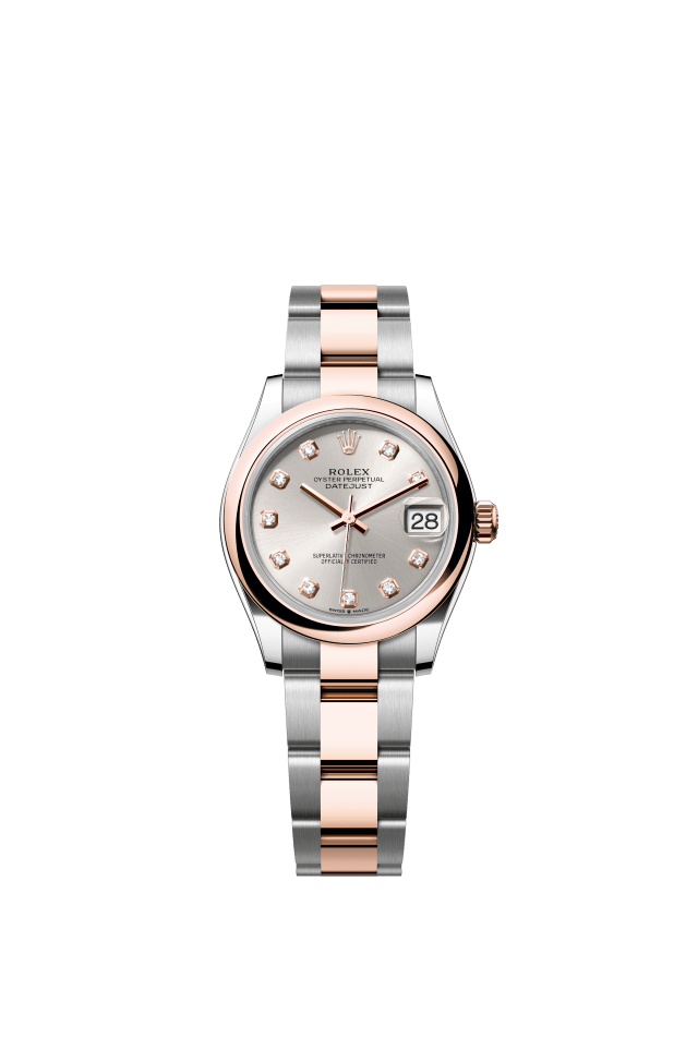 Rolex Datejust 31, Oyster, 31 mm, Oystersteel and Everose gold, silver set with diamonds dial