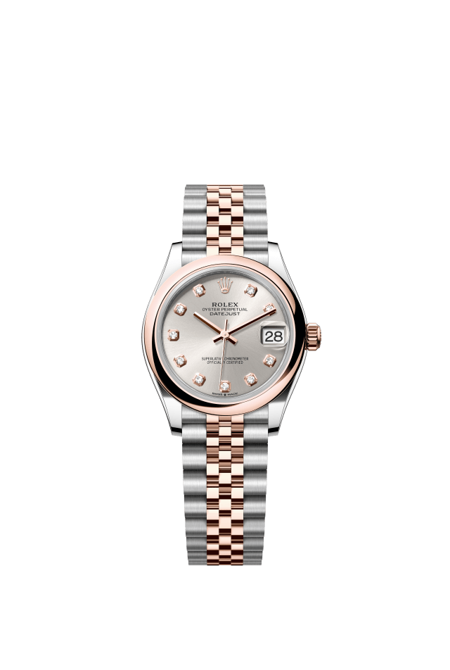 Rolex Datejust 31, Oyster, 31 mm, Oystersteel and Everose gold, silver set with diamonds dial