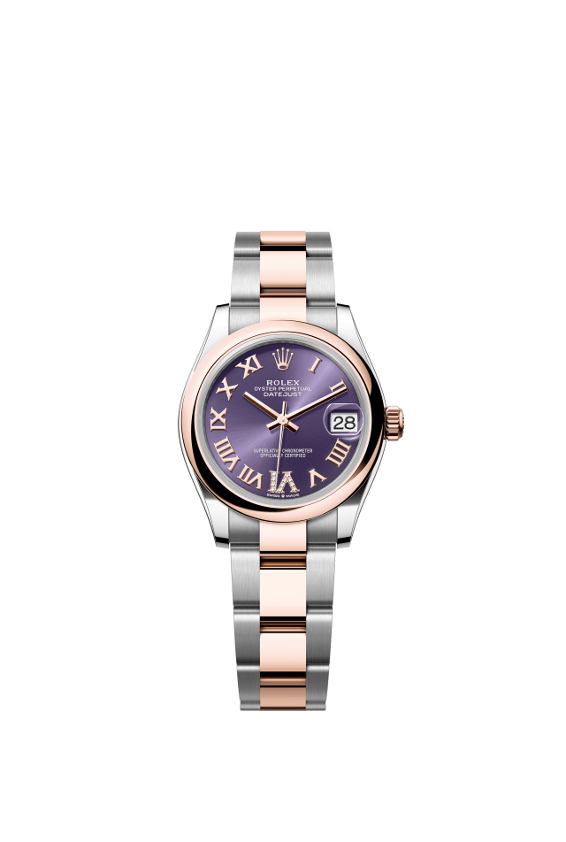 Rolex Datejust 31, Oyster, 31 mm, Oystersteel and Everose gold, aubergine set with diamonds dial