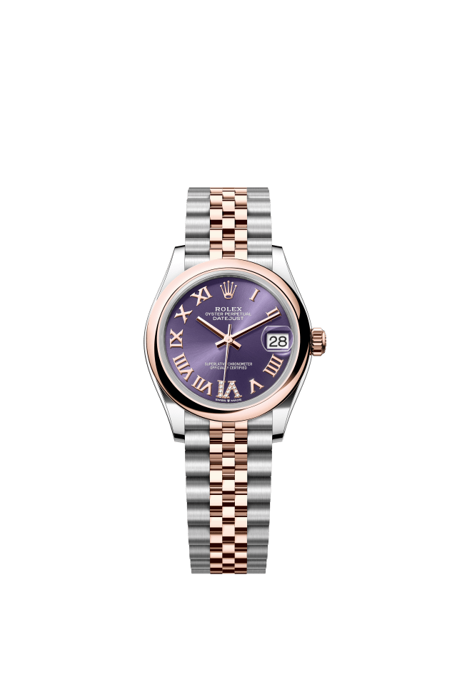 Rolex Datejust 31, Oyster, 31 mm, Oystersteel and Everose gold, aubergine set with diamonds dial