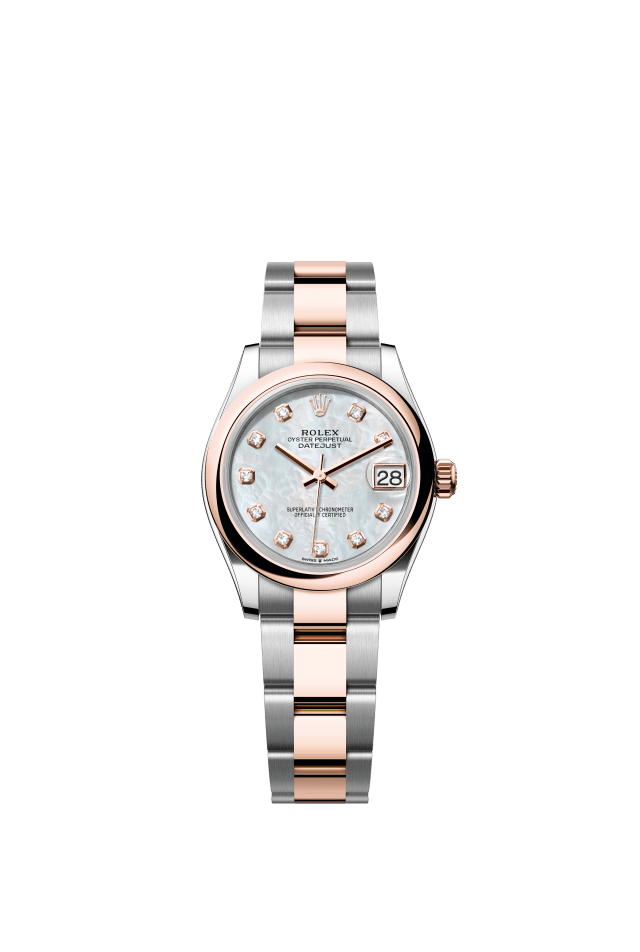 Rolex Datejust 31, Oyster, 31 mm, Oystersteel and Everose gold, white mother-of-pearl set with diamonds dial