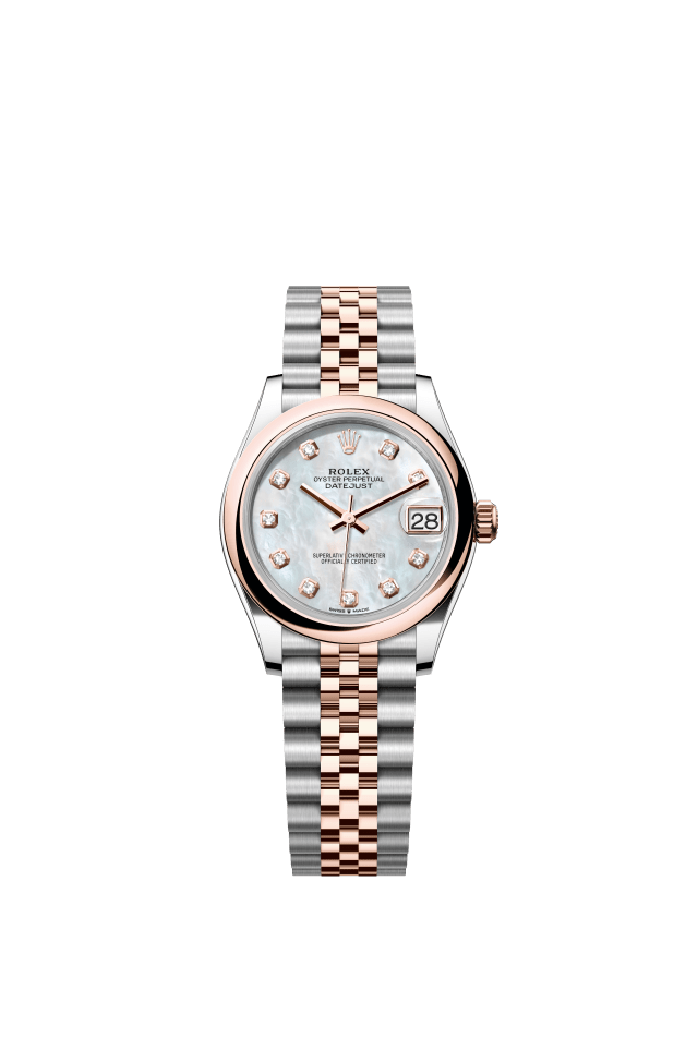 Rolex Datejust 31, Oyster, 31 mm, Oystersteel and Everose gold, white mother-of-pearl set with diamonds dial